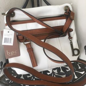 White and brown leather cross body messenger bag